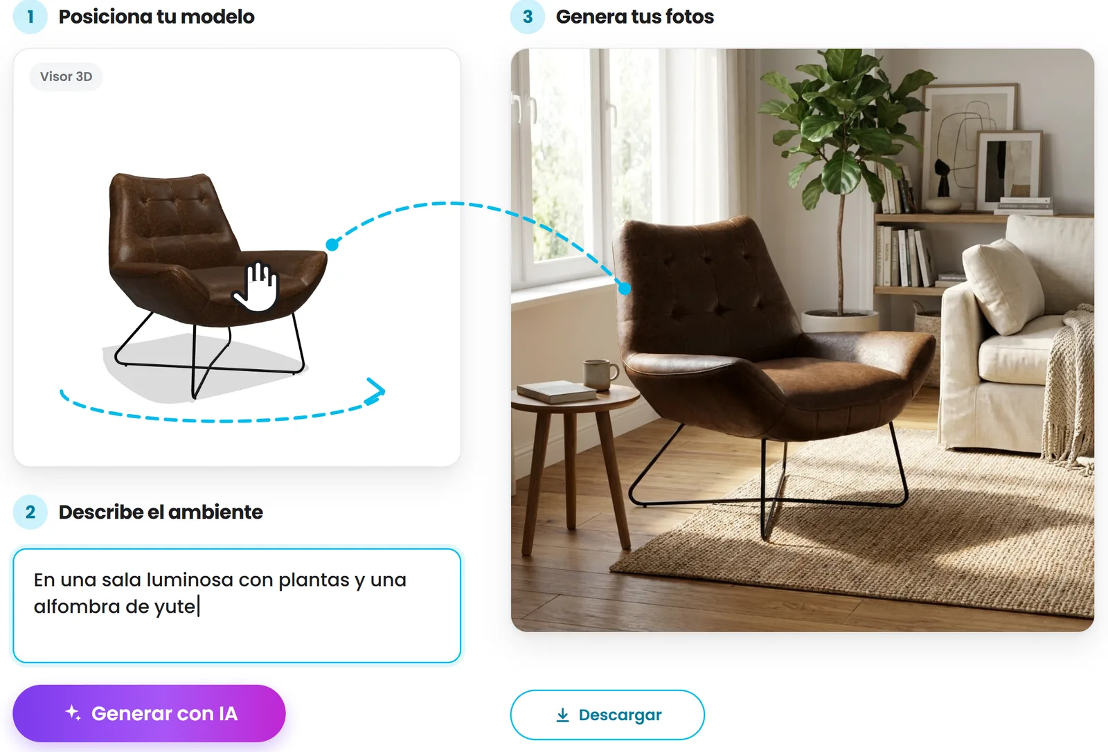 Foto estudio con IA: se posiciona el modelo 3D de una poltrona, se describe el ambiente (una sala luminosa con plantas y alfombra de yute) y la IA genera la foto de la poltrona en esa sala