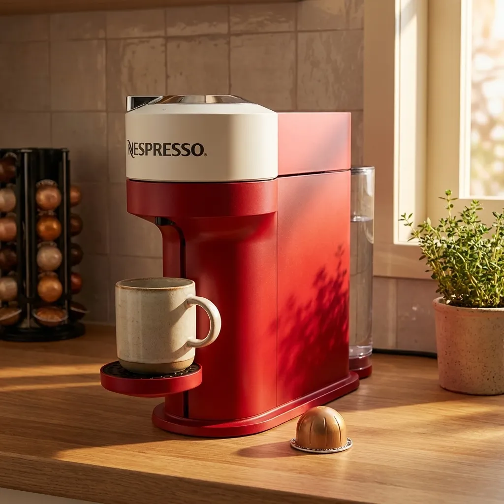Cafetera roja sobre una encimera de cocina