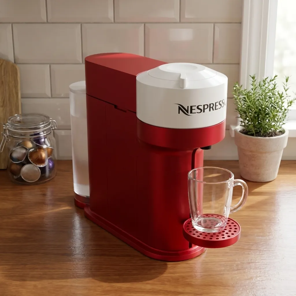 Cafetera roja junto a una ventana con luz natural