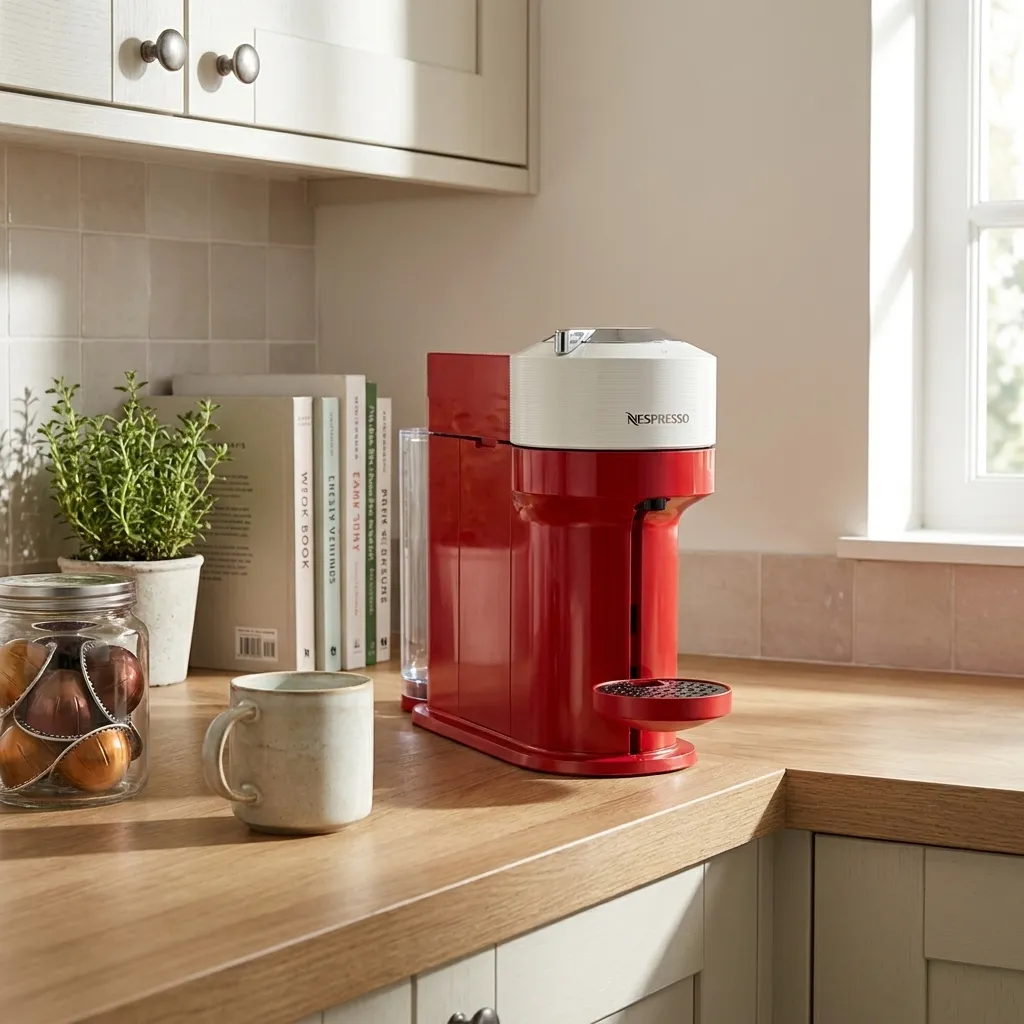 Cafetera roja en una cocina moderna con taza servida