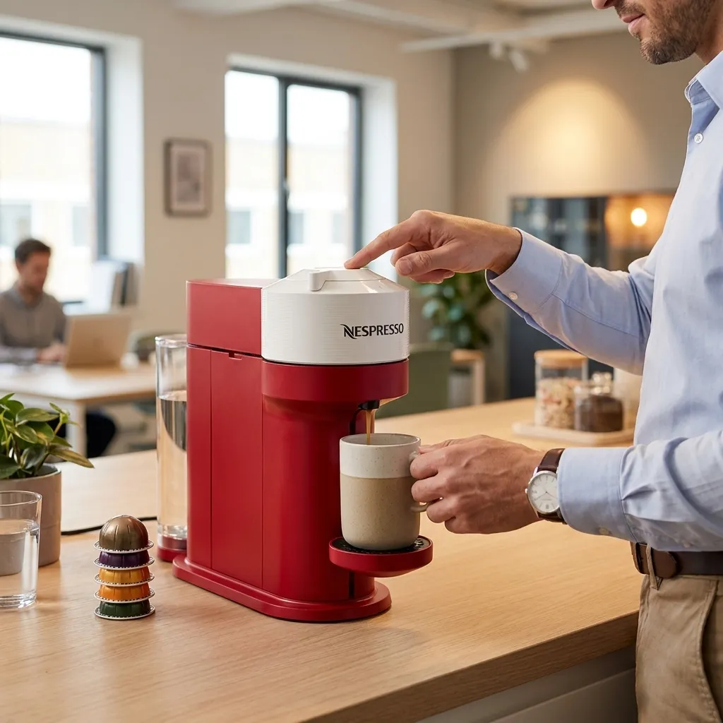 Persona preparando un café con la cafetera roja