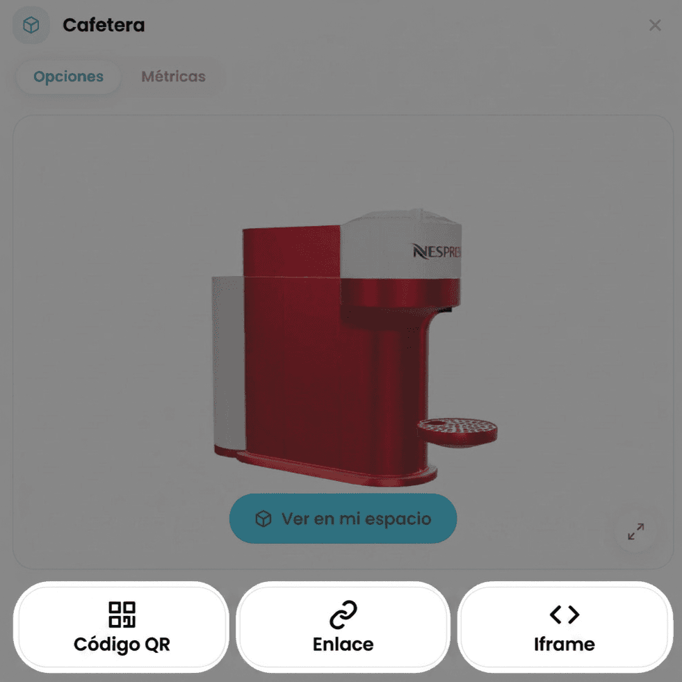 Modal de la plataforma con las opciones para compartir el modelo 3D: código QR, enlace e iframe